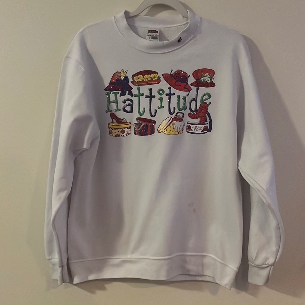 Vintage Glitter Hattitude Red‎ Hat Society Fruit of Loom Sweatshirt sz M funky